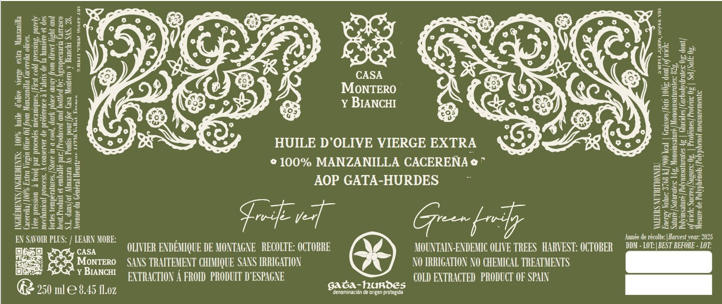 Etiquette huile d'olive vierge extra fruité vert Casa Montero y Bianchi