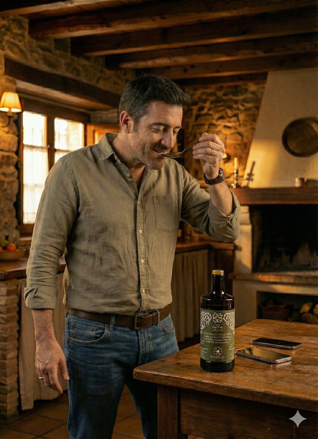 un homme prenant une cuillère d'huile d'olive avant d'aller au travail