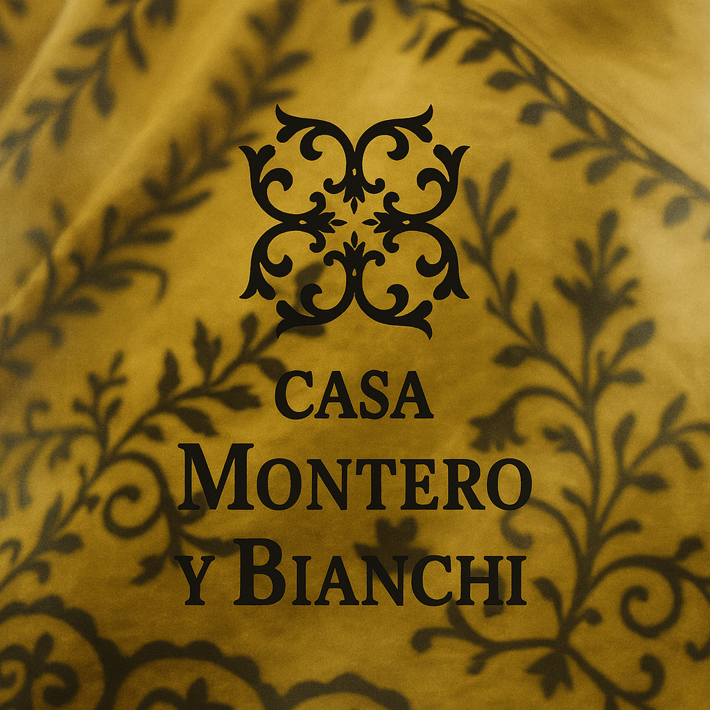 Logo casa montero y Bianchi avec une jupe traditionnelle en mérinos jaune brodée en fond visuel. Maison Espagnole de goût, caractère et engagement.