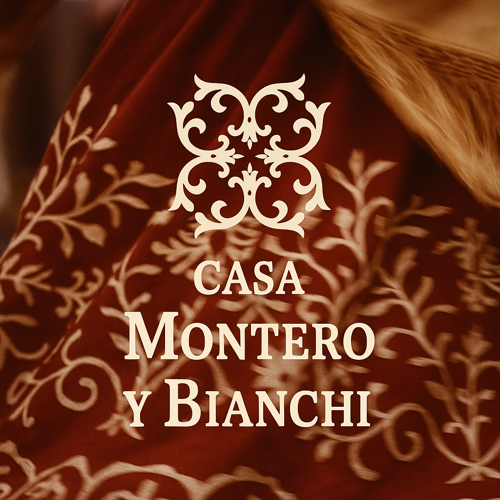 Logo casa montero y Bianchi avec une jupe traditionnelle en mérinos rouge brodée en fond visuel. Maison Espagnole de goût, caractère et engagement.