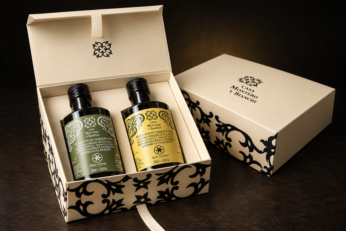Coffret de 2 huiles 100% Manzanilla cacereña AOP en récolte précoce et récolte à maturité