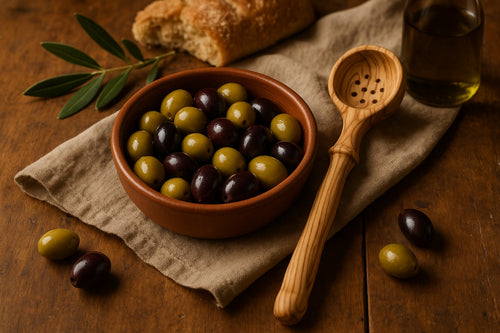 Cuillère à olives en olivier de taille