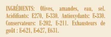 Liste des ingrédients des olives aux amandes entières Casa Montero y  Bianchi