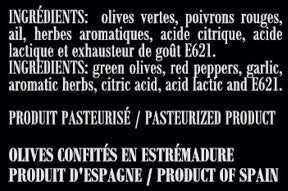 Liste des ingrédients de nos olives signature de variété Manzanilla  exquises Casa Montero y Bianchi