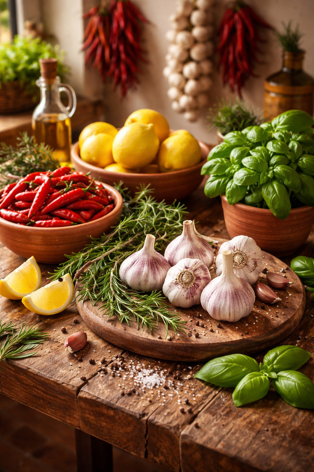 Illustration des arômates, fruits et herbes utilisés dans la préparation de nos huiles aromatisées Casa Montero y Bianchi