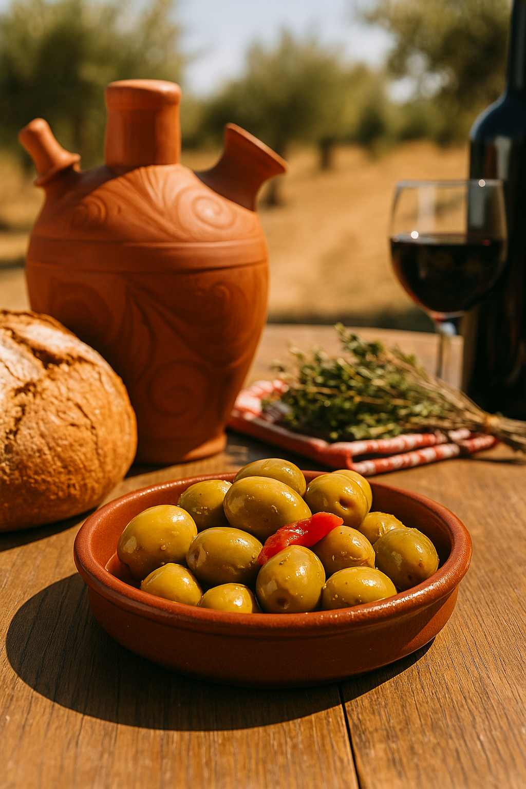 Olives vertes premium de manzanilla cacereña avec noyau saveur piquante présentées dans un plat en terre cuite traditionnel. Saveur "Abuela" ie. grand-mère en espagnol. Produit exclusif en France pour Casa Montero y Bianchi