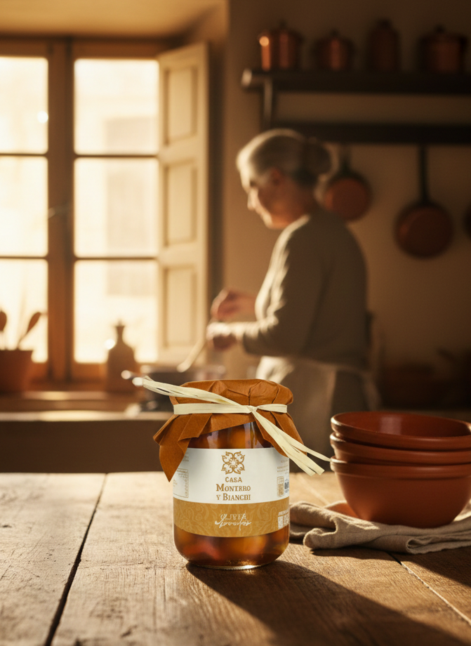 Pot d'olives dans la cuisine avec une grand-mère en fond. Olives légèrement relevées.