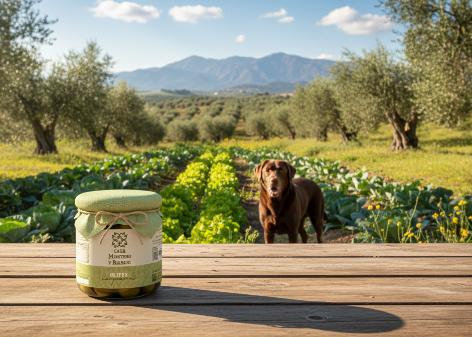 Pot d'olives à la paysanne avec fond de huerta et Harry le labrador