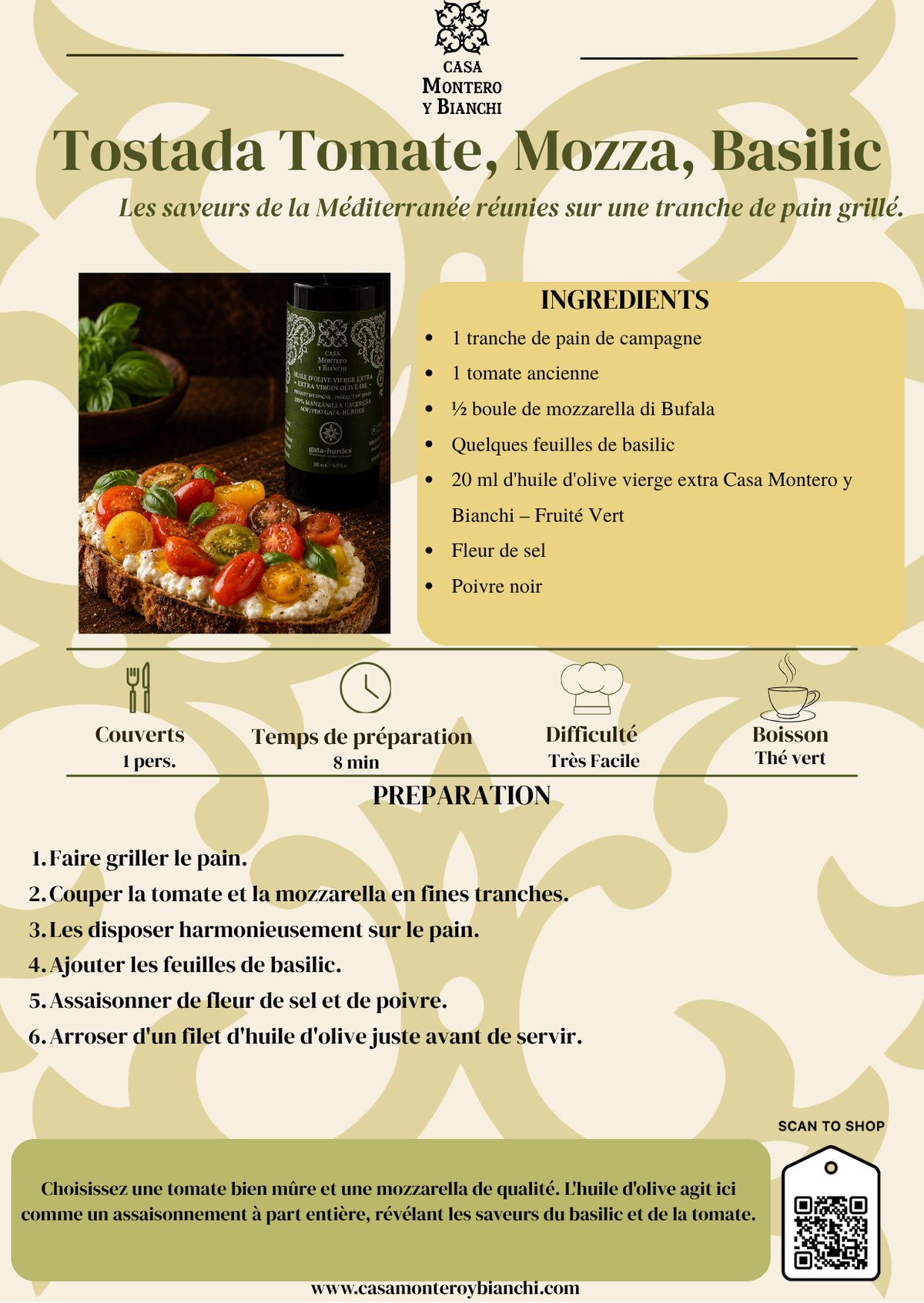Tostada tomate mozzarella basilic et huile d'olive vierge extra