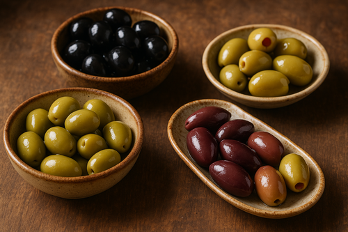 différents type d'olives dans de petits plats en céramiques