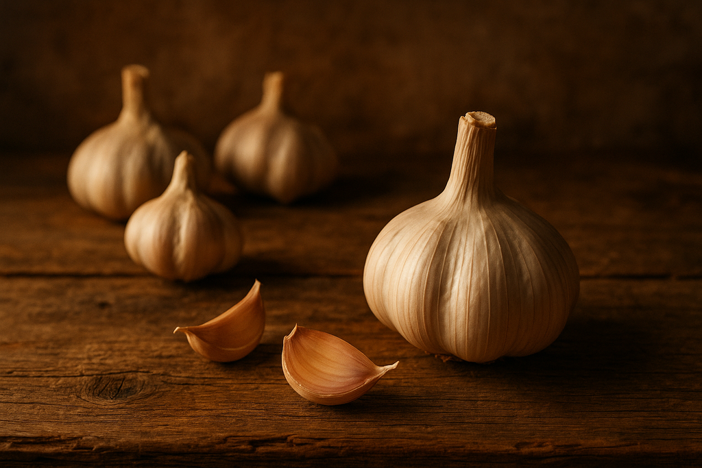 Têtes d'ail frais sur une table en bois, ingrédient de l'huile d'olive vierge extra aromatisée à l'ail Casa Montero y Bianchi.