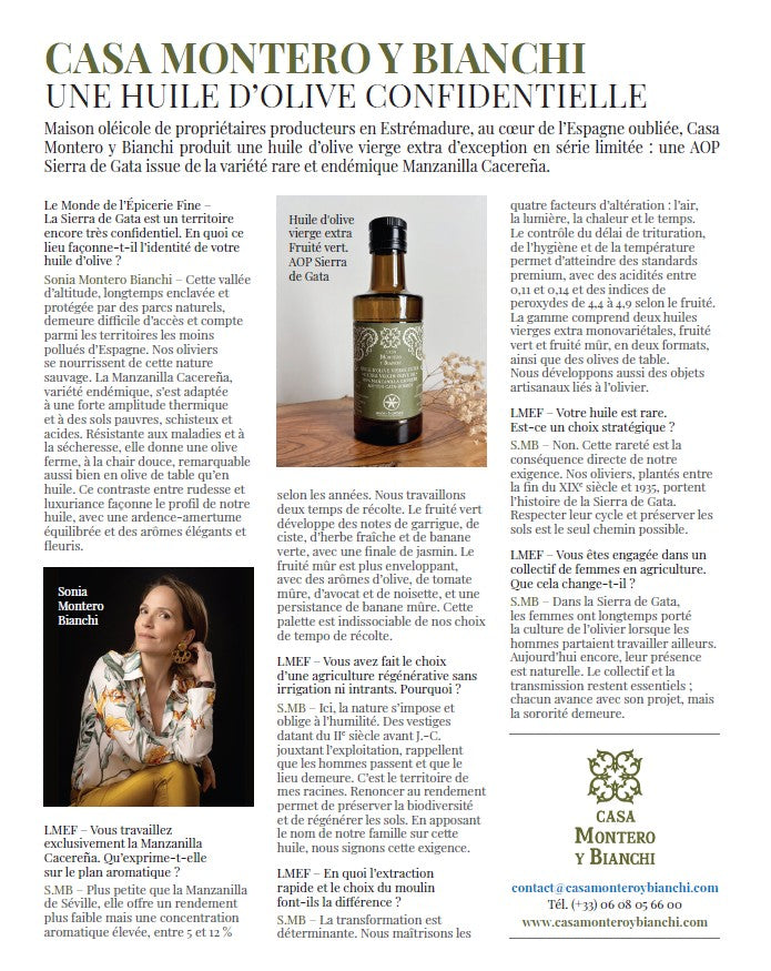 Article consacré à Casa Montero y Bianchi dans Le Monde de l'Épicerie Fine présentant ses huiles d'olive vierges extra Manzanilla Cacereña et l'AOP Gata-Hurdes.