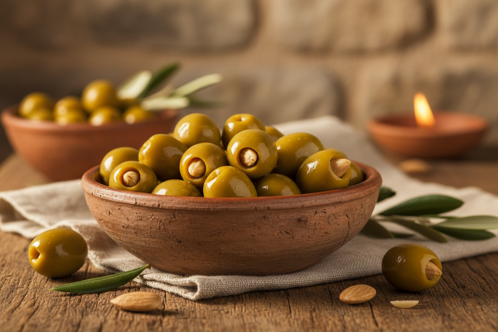 des olives vertes dénoyautées avec une belle amande blonde à l'intérieur. Elles sont luisantes dans leur coupelle en argile. Ambiance rustique, lumière jaune.