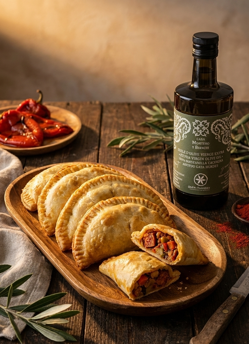 Empanadas espagnoles maison garnies de viande et de légumes, accompagnées d'une bouteille d'huile d'olive vierge extra.