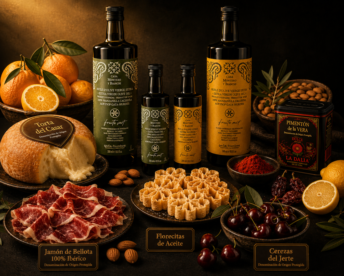 Produits emblématiques de la gastronomie d'Estrémadure : huile d'olive vierge extra AOP Gata-Hurdes, jambon ibérique Bellota, Torta del Casar, cerises du Jerte, paprika de La Vera et amandes.