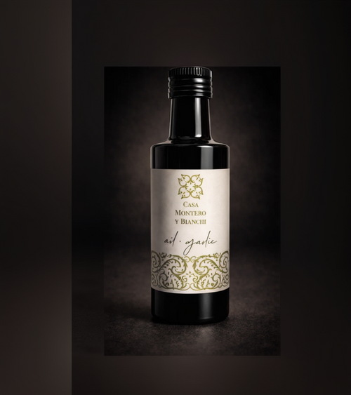 Bouteille d'huile d'olive vierge extra aromatisée à l'ail Casa Montero y Bianchi, élaborée à partir d'huile de Manzanilla Cacereña.
