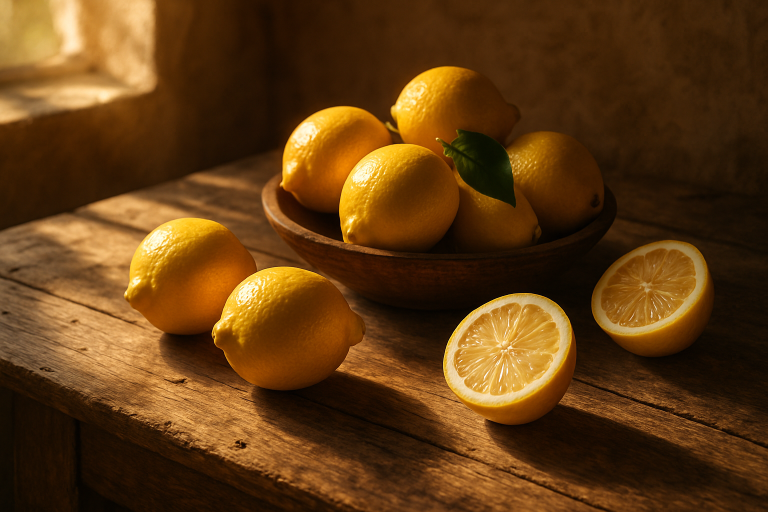 Citrons frais entiers et coupés sur une table en bois, utilisés pour élaborer l'huile d'olive vierge extra aromatisée au citron Casa Montero y Bianchi.