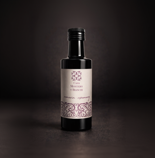 Bouteille d'huile d'olive vierge extra aromatisée au romarin de Casa Montero y Bianchi.