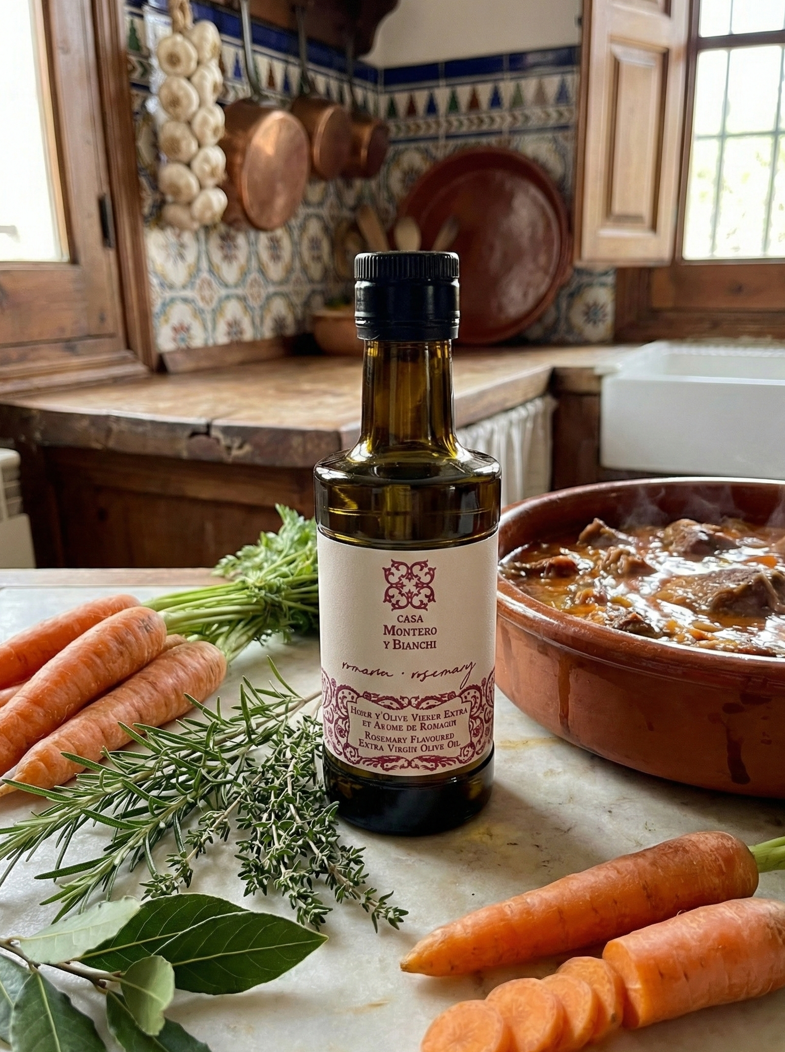 Huile d'olive vierge extra aromatisée au romarin Casa Montero y Bianchi accompagnant un plat mijoté dans une cuisine traditionnelle.
