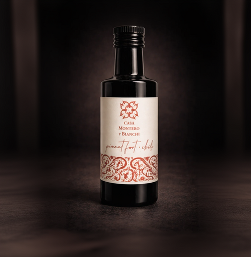 Huile d'olive vierge extra aromatisée au chili dans une bouteille en verre noir Casa Montero y Bianchi.