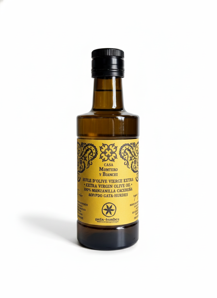 Huile d'olive vierge extra fruité mûr 250 ml Casa Montero y Bianchi, élaborée à partir de la variété Manzanilla Cacereña et certifiée AOP Gata-Hurdes.