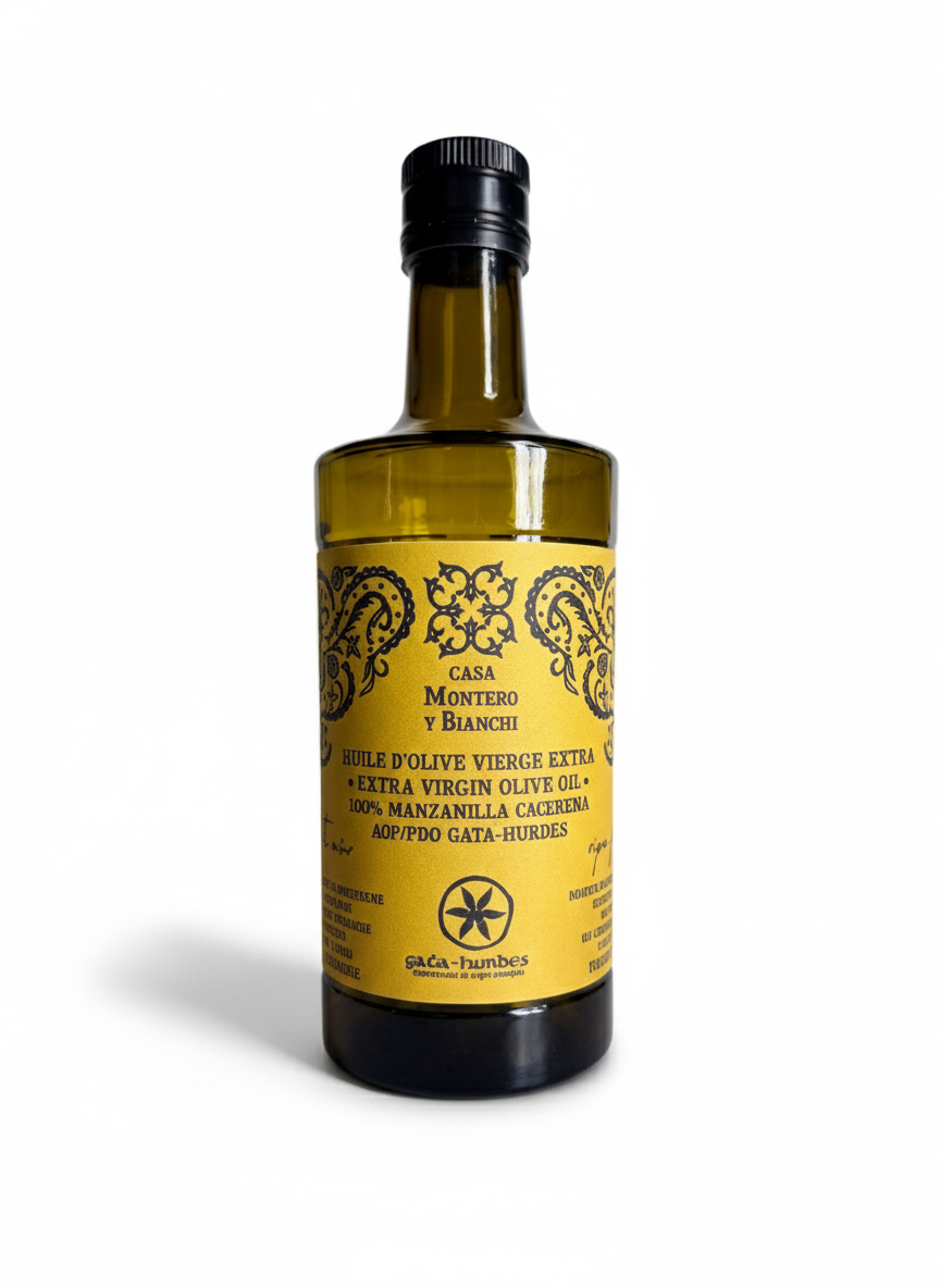 Huile d'olive vierge extra fruité mûr 500 ml Casa Montero y Bianchi, élaborée à partir de la variété Manzanilla Cacereña et certifiée AOP Gata-Hurdes.