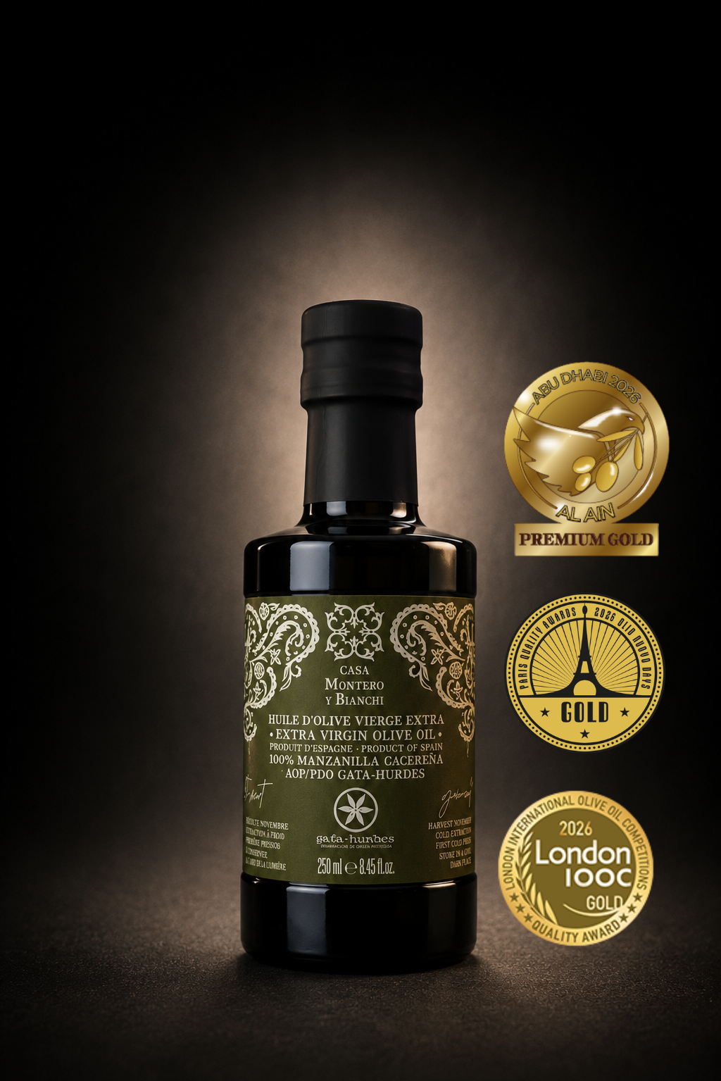 Huile d'olive vierge extra fruité vert 250 ml Casa Montero y Bianchi avec trois médailles d'or internationales 2026.