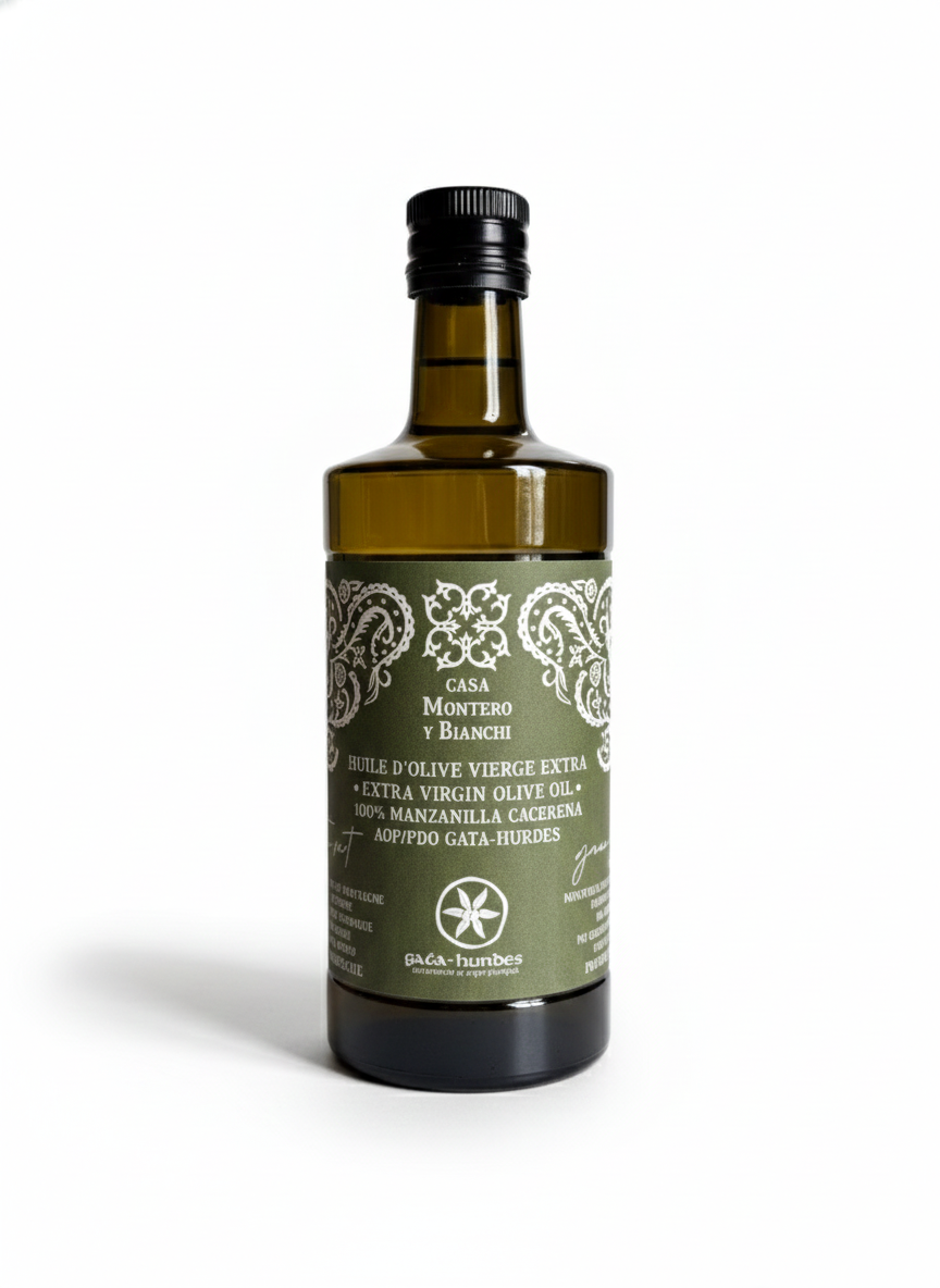 Huile d'olive vierge extra fruité vert 500 ml Casa Montero y Bianchi, élaborée à partir de la variété Manzanilla Cacereña et certifiée AOP Gata-Hurdes.
