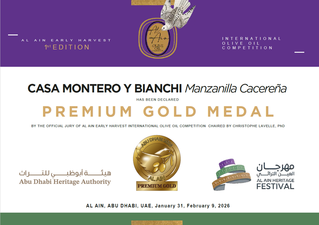 Certificat de Premium Gold Medal obtenu par Casa Montero y Bianchi lors du Al Ain Early Harvest International Olive Oil Competition 2026 à Abu Dhabi.
