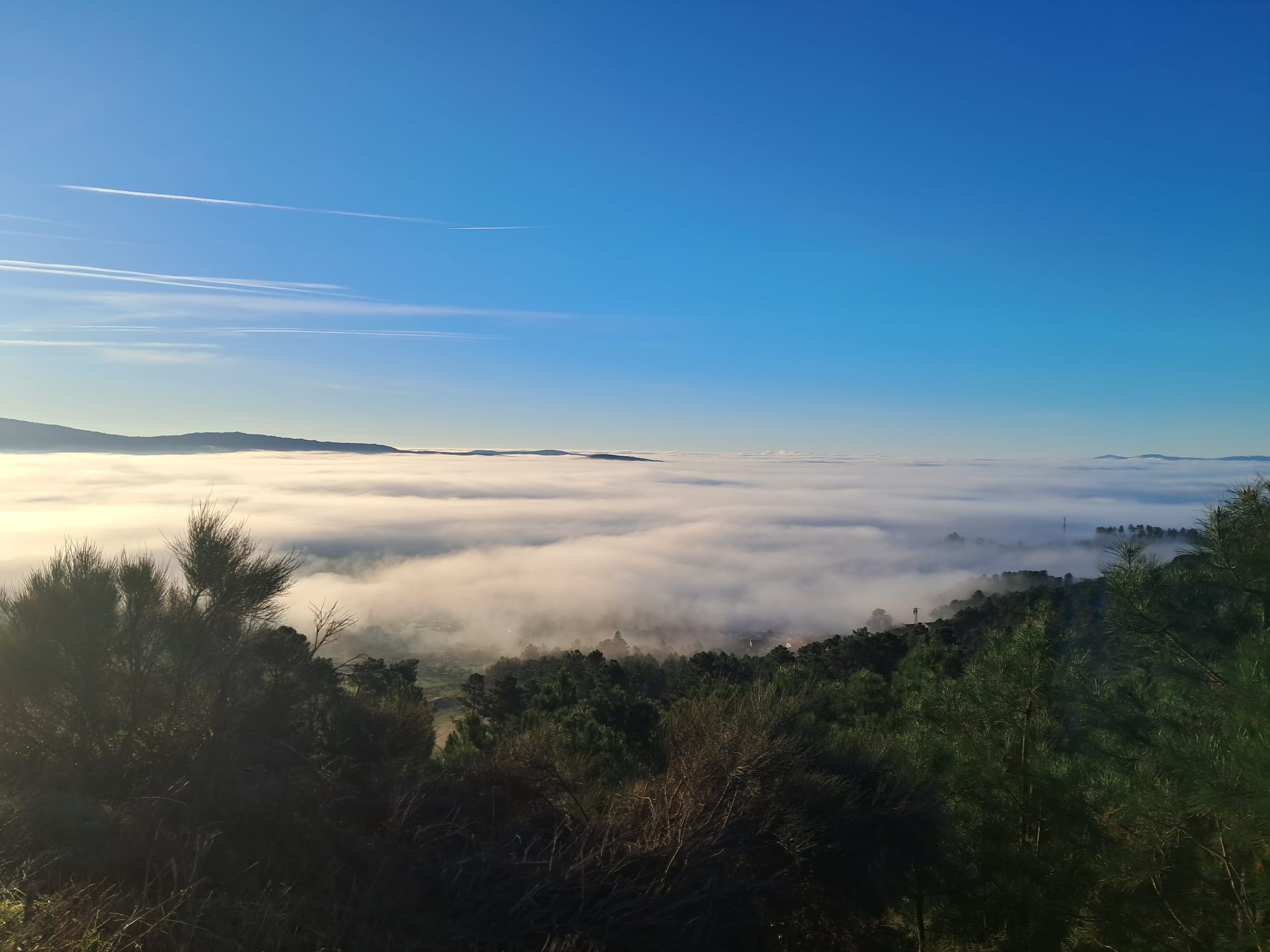 Mer de nuages au lever du jour sur les montagnes de la Sierra de Gata, terroir de l'AOP Gata-Hurdes.