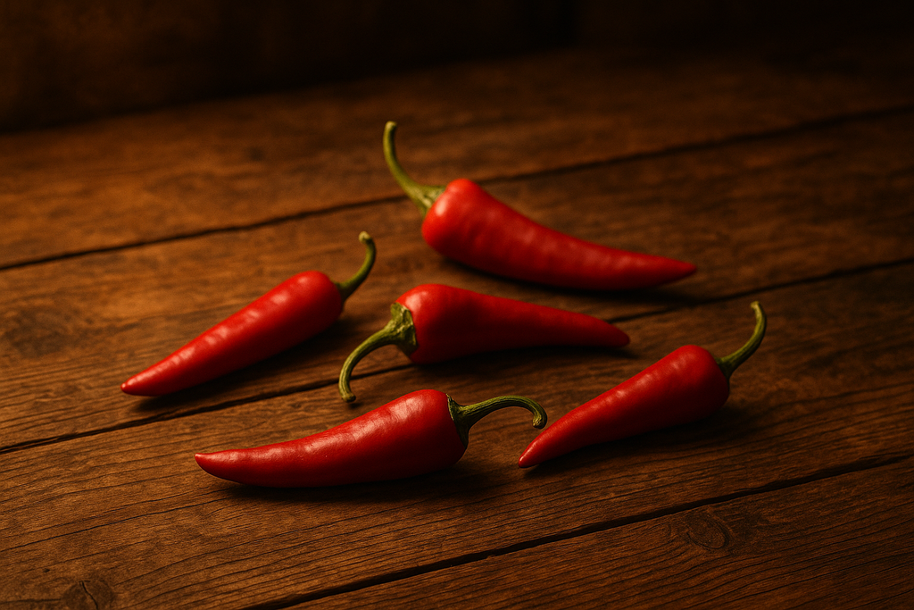 piment chili sur une table en bois, lumière chaleureuse et ambiance rustique