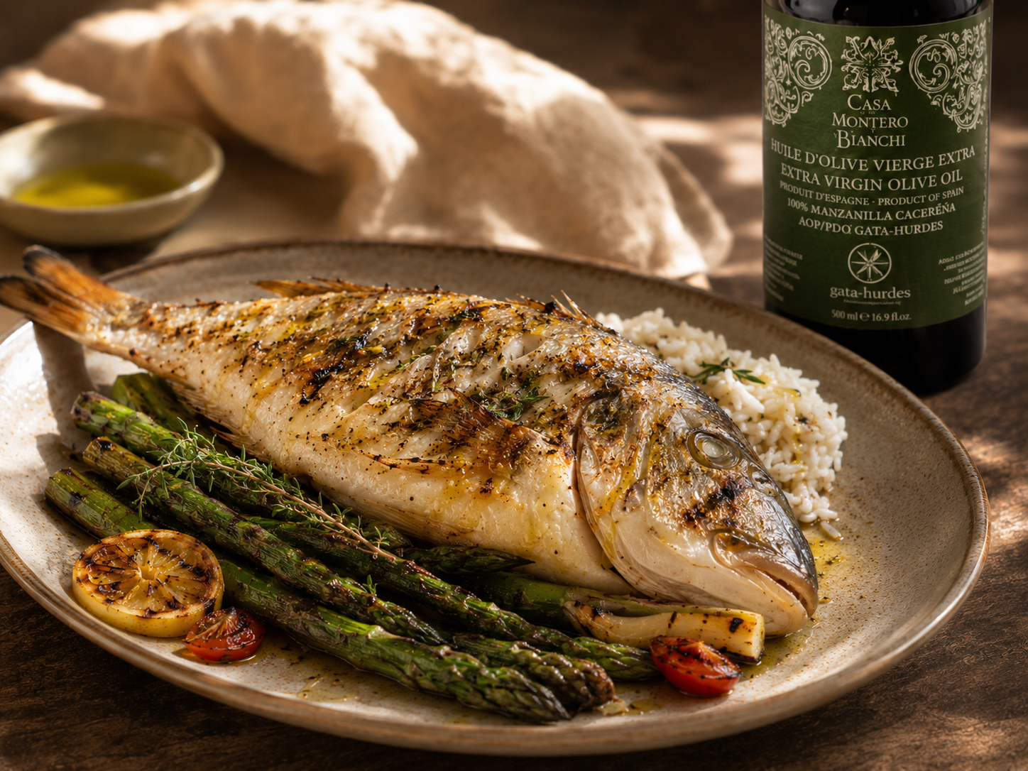 Poisson entier grillé, asperges vertes et citron rôti avec huile d'olive vierge extra fruité vert Casa Montero y Bianchi.