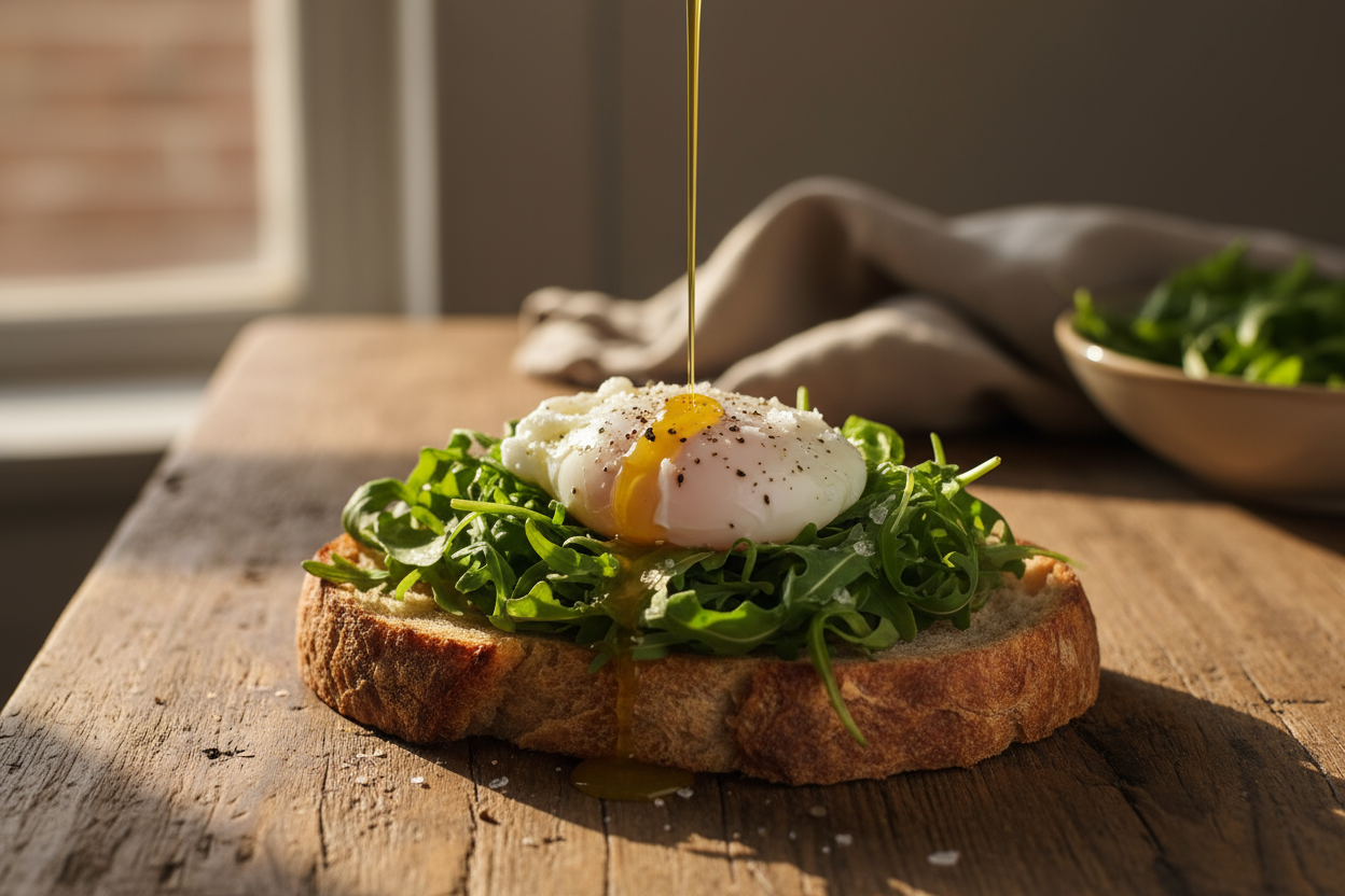 tartine d'oeuf poché sur un lit de roquette, des cristaux de sels et de poivre, un filet d'huile d'olive qui coule sur la tartine. Ambiance rustique, lumière chaude de fin de journée.