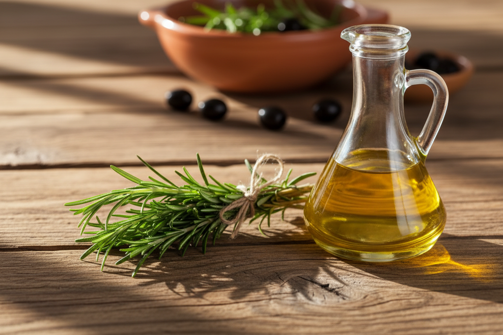 un petit bouquet de romarin avec de l'huile d'olive dans un huilier transparent. Fond identique