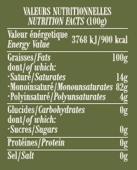 Valeurs nutritionnelles de l'huile d'olive vierge extra fruité vert signature Casa Montero y Bianchi, exprimées pour 100 g.