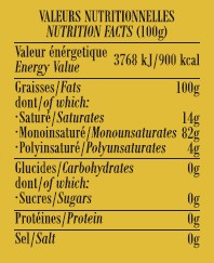 Valeurs nutritionnelles de l'huile d'olive vierge extra fruité mûr Casa Montero y Bianchi, exprimées pour 100 g.